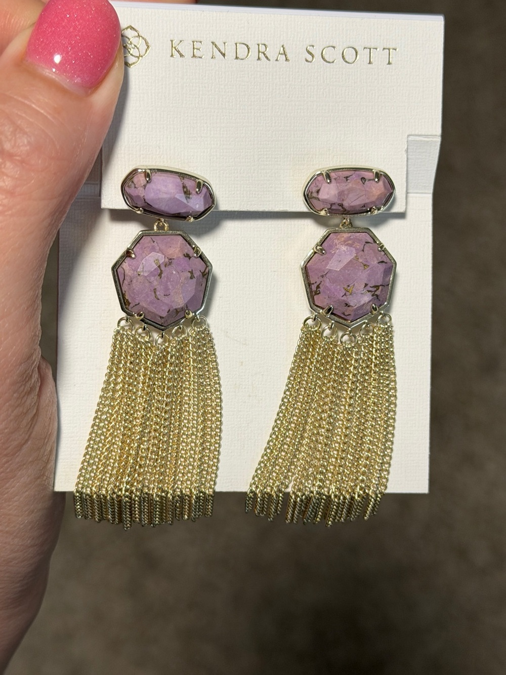 Kendra Scott Lavender Stone Gold Chain Tassel Earrings - Picture 2 of 2